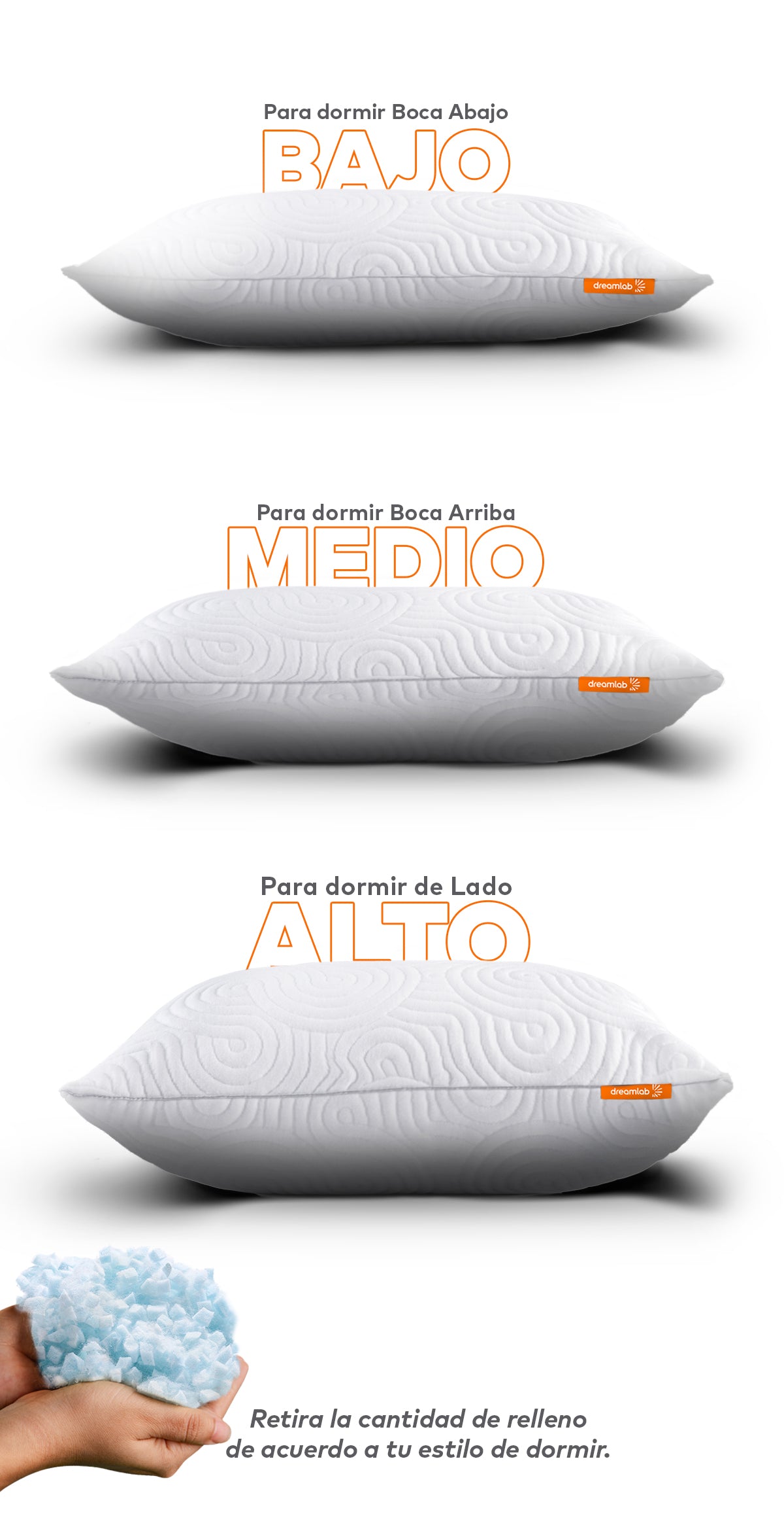 Almohada Dreamlab con altura ajustable, ideal para todos los estilos de dormir, adaptando el relleno a tus necesidades.