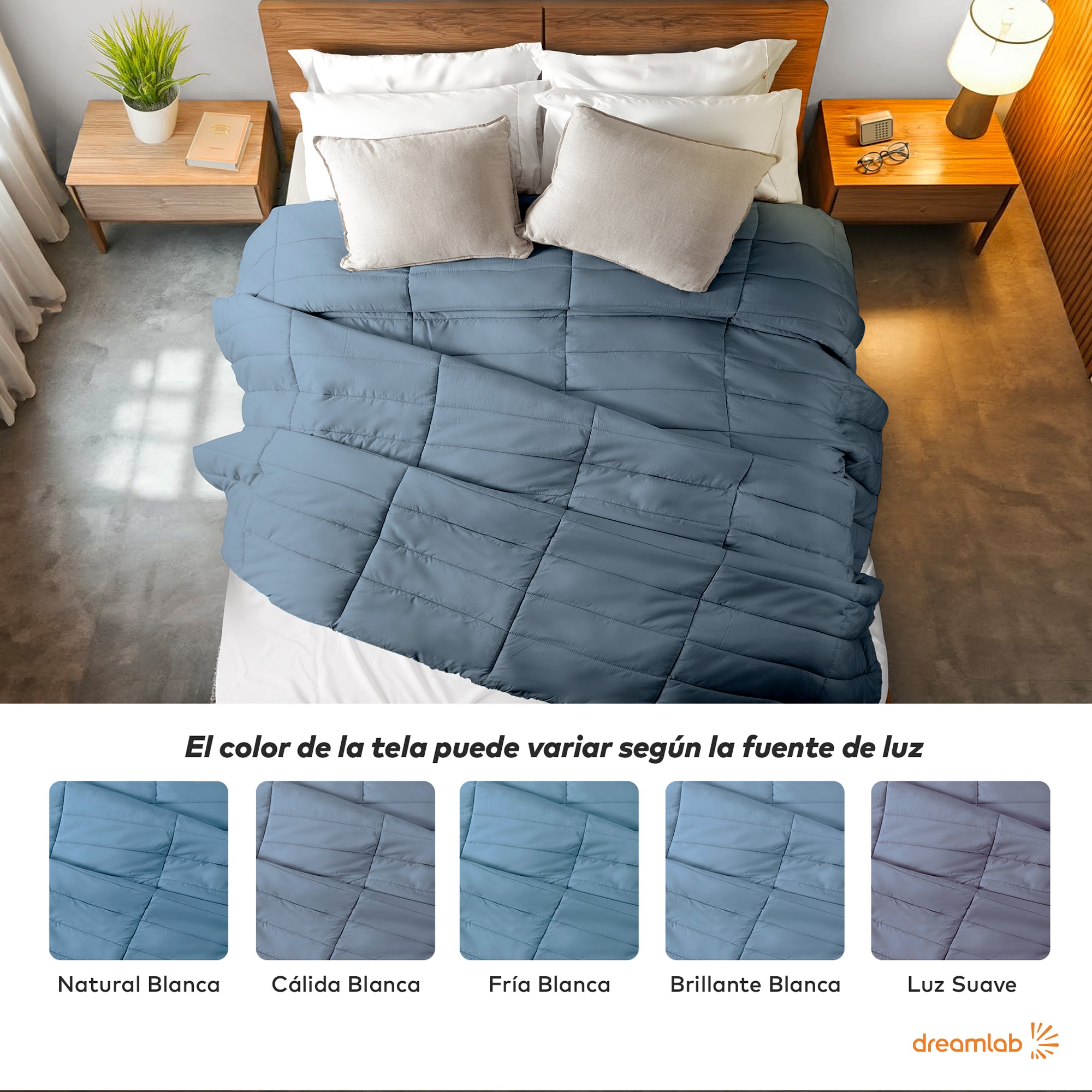 Edredón Dreamlab azul mezclilla king, sensación suave al tacto, perfecto para camas grandes que requieren extra confort.