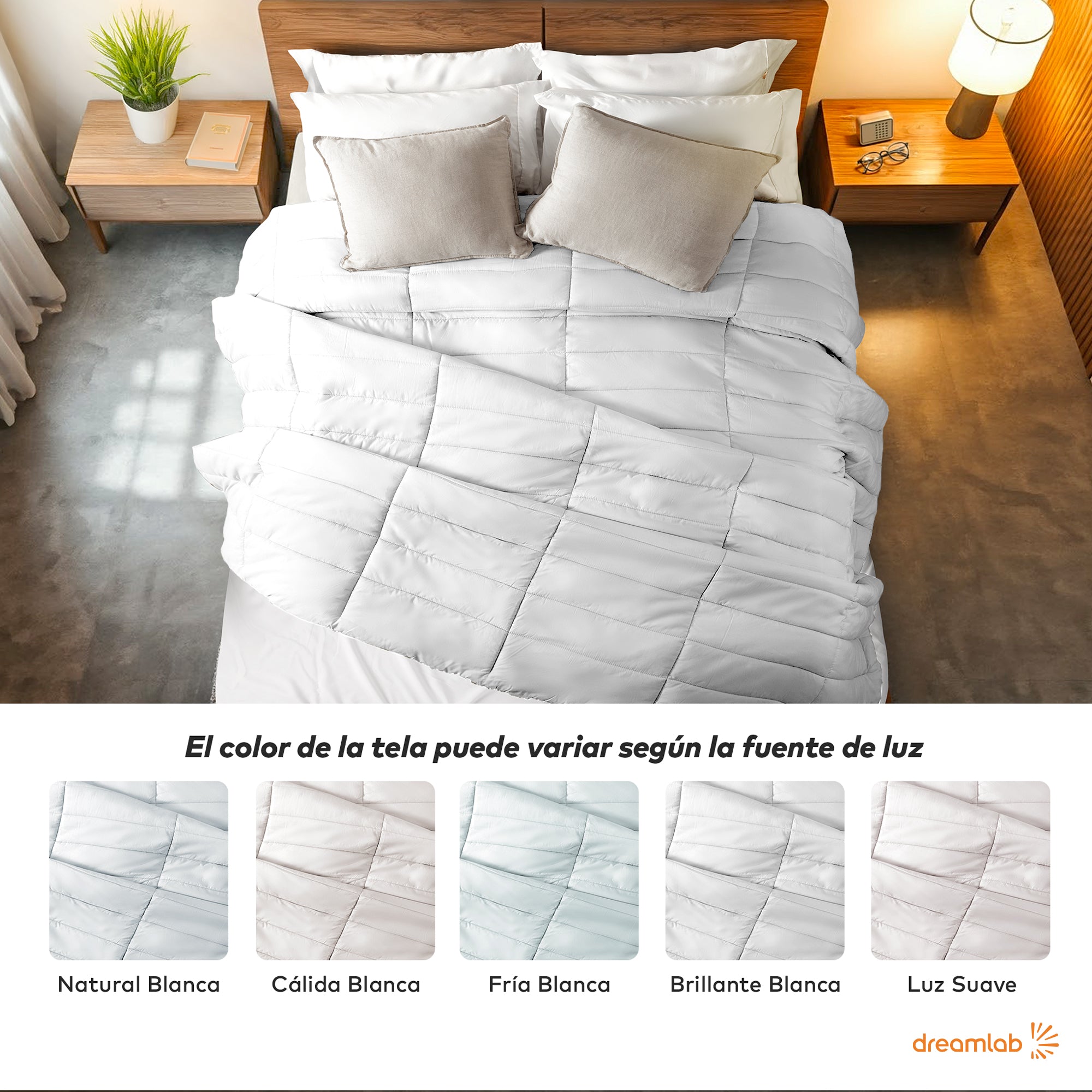 Edredón Dreamlab blanco king, con estilo moderno, proporciona calidez y suavidad para camas grandes y espacios amplios.