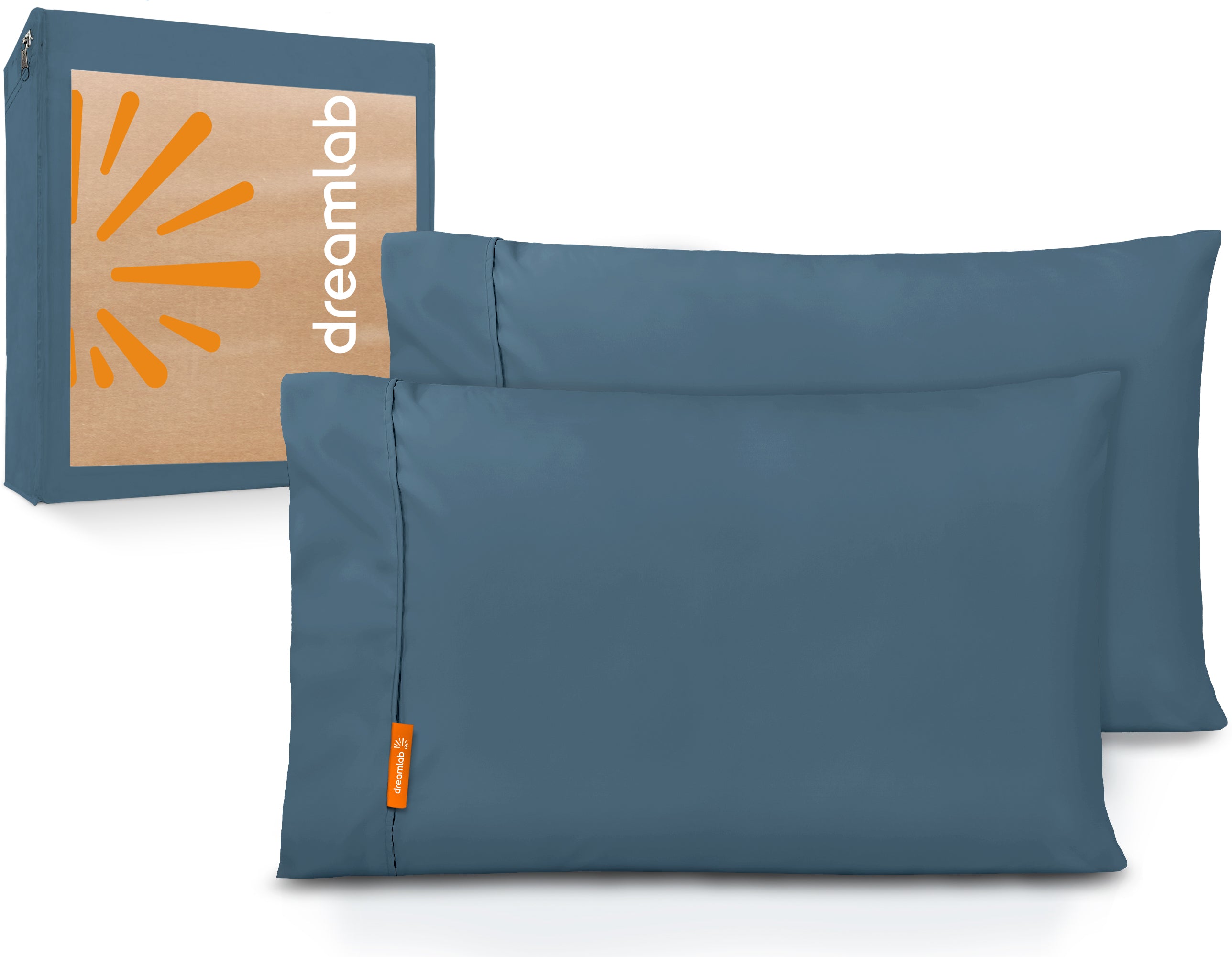 Fundas de almohada azul mezclilla Dreamlab en medidas King y Estándar, suaves, frescas y con un toque elegante para tu descanso.