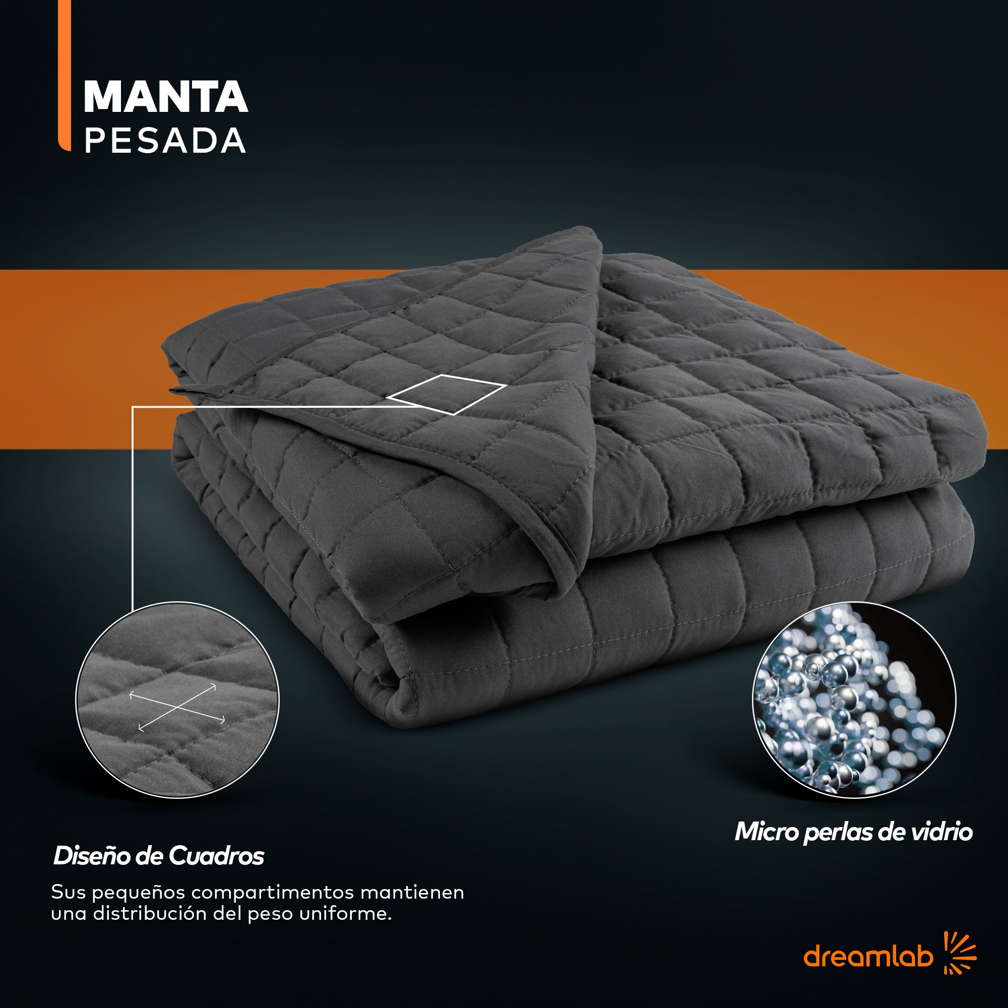 Manta pesada Dreamlab de 6 kg y 9 kg con 7 capas de alta tecnología, distribuida uniformemente para una relajación profunda.