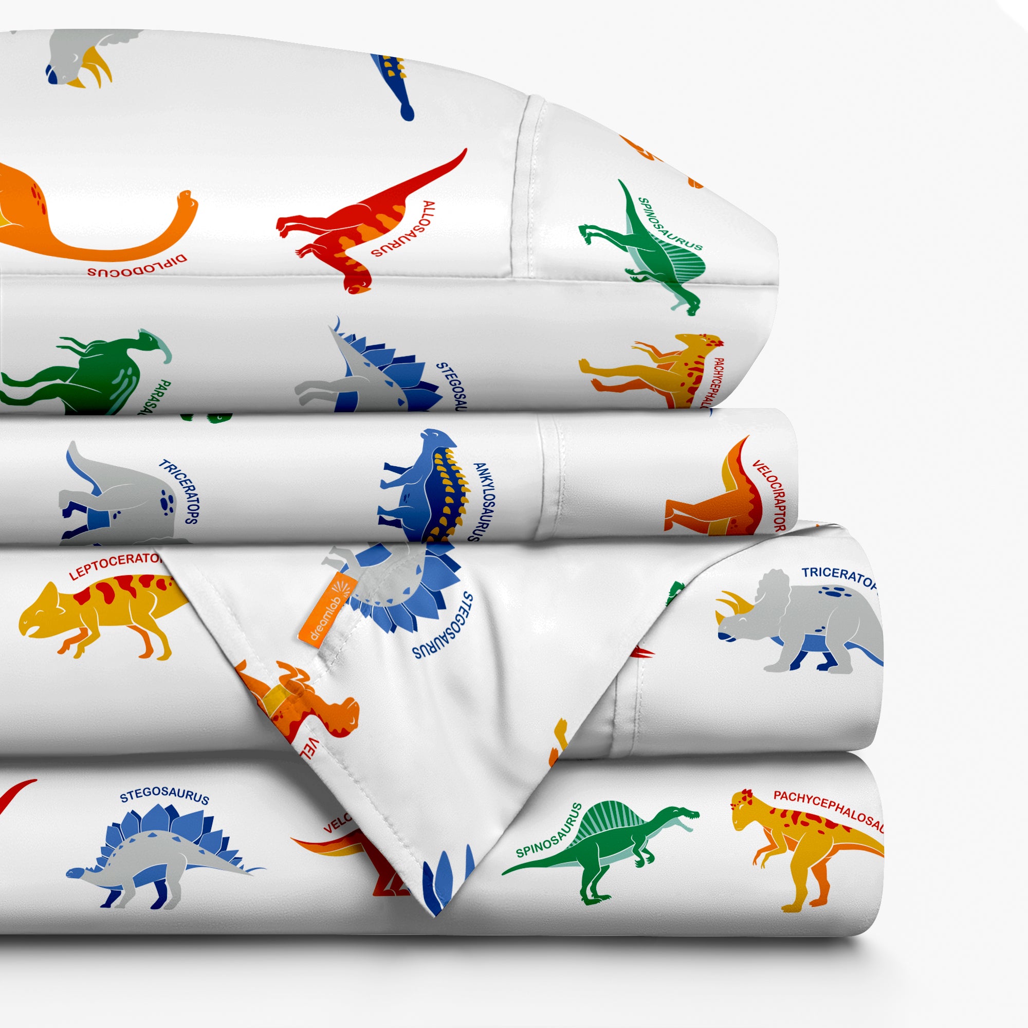 Sábanas Dreamlab con diseño colorido de dinosaurios, antiarrugas, hipoalergénicas, perfectas para la habitación infantil.