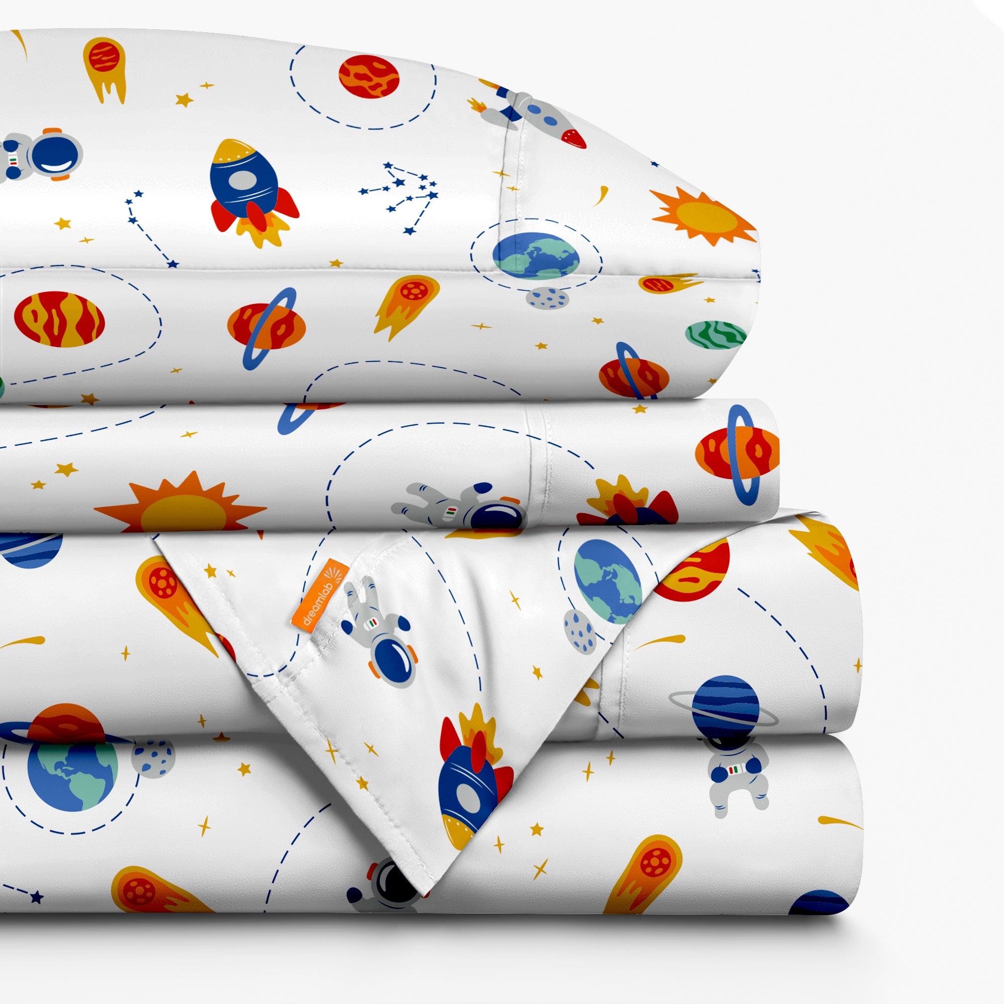 Sábanas Dreamlab de microfibra suave y resistente, con diseños divertidos, antiarrugas y hipoalergénicas, ideales para los niños.