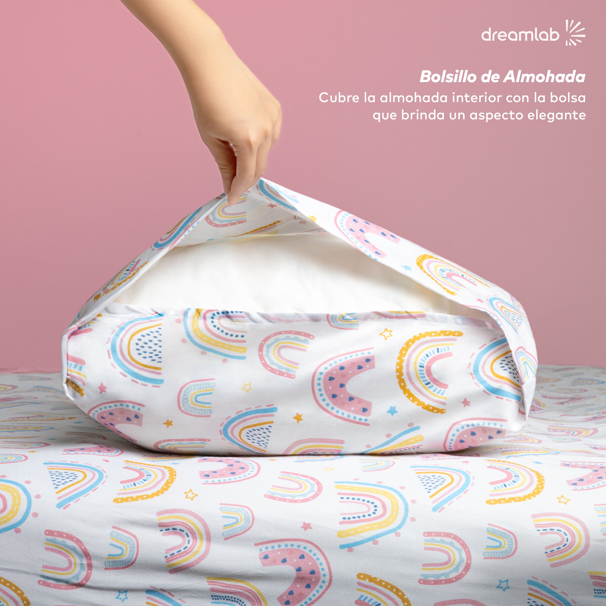 Sábanas Dreamlab con diseño de arcoíris, suaves, antiarrugas y hipoalergénicas, perfectas para camas infantiles.