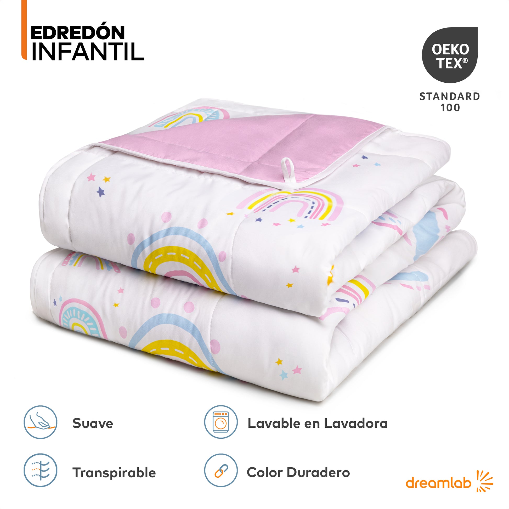 Edredón infantil reversible de doble vista, con diseño arcoíris y reverso color rosa, perfecto para niños y fácil de mantener.
