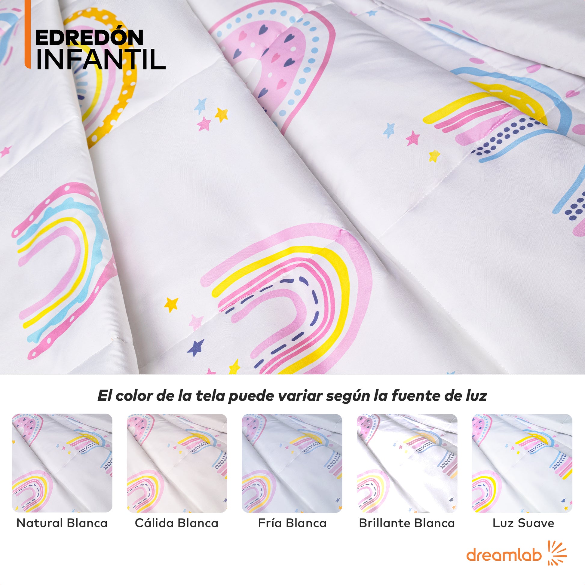 Edredón infantil reversible con diseño arcoíris blanco y reverso rosa, perfecto para la decoración de la habitación infantil.
