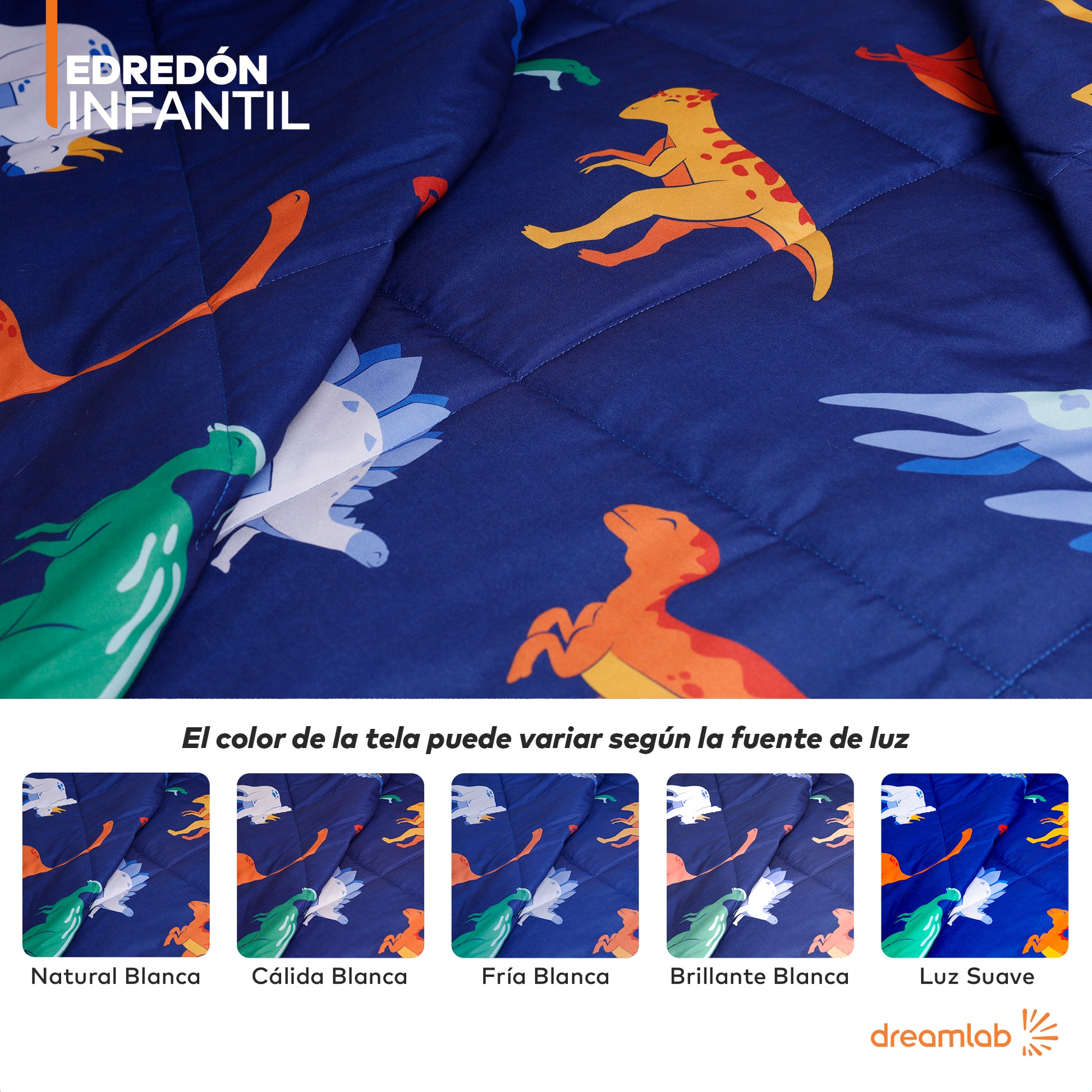 Edredón infantil con diseño de dinosaurios en colores brillantes, relleno ligero y cómodo, ideal para camas individuales y matrimoniales.
