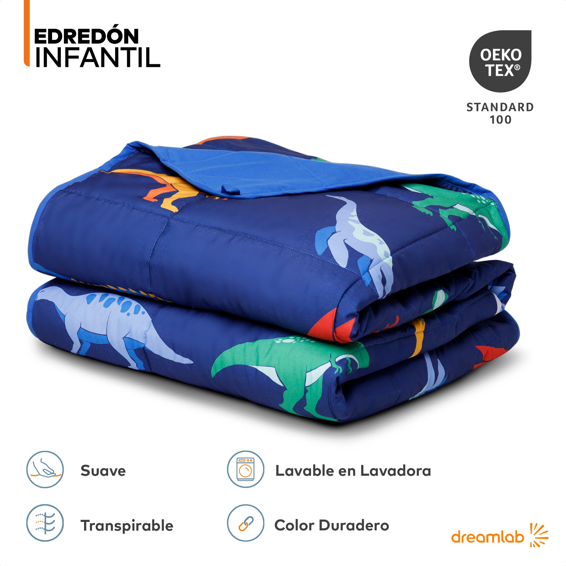 Edredón infantil reversible con diseño de dinosaurios en un lado y color liso en el reverso, perfecto para cambiar la decoración de la habitación de los niños.
