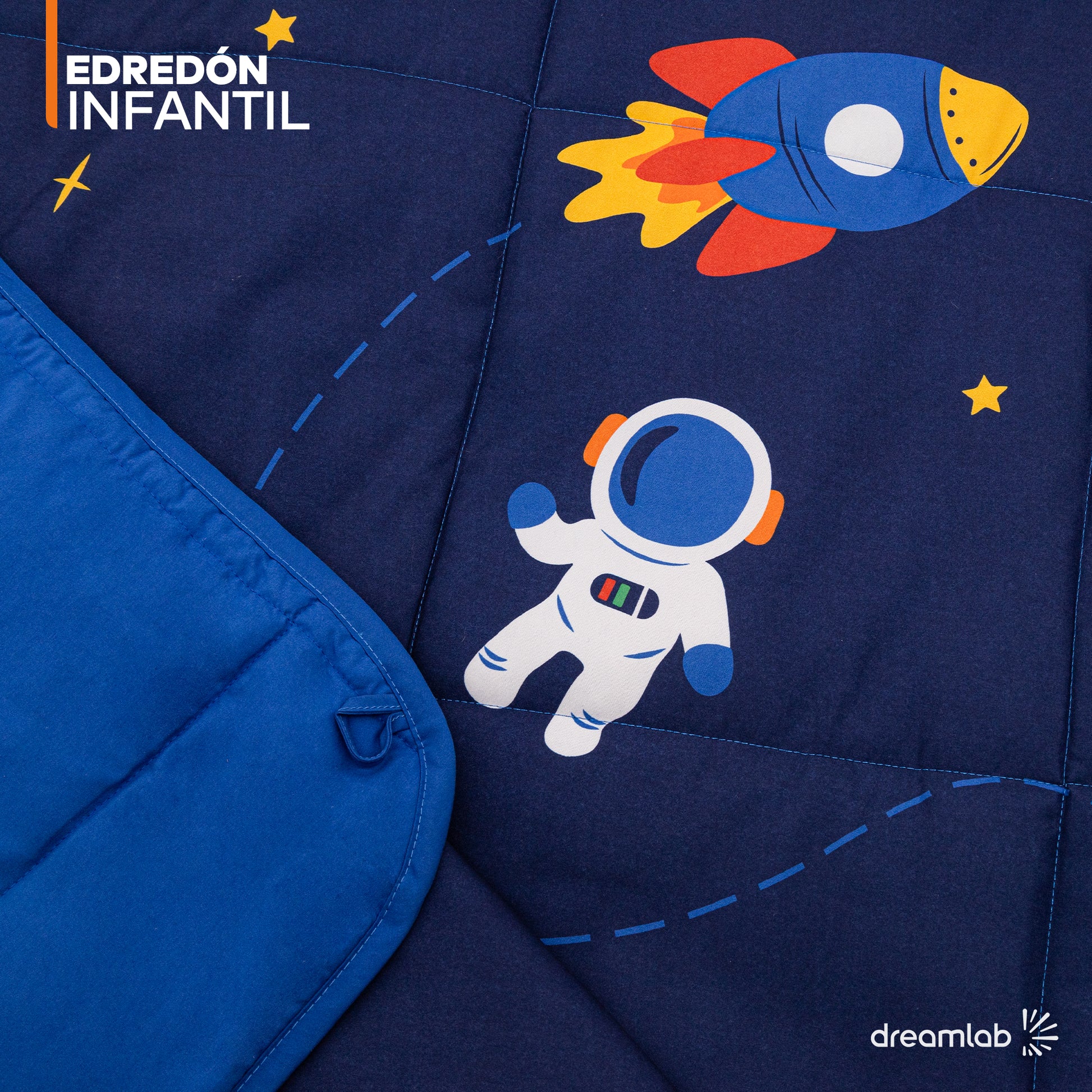 Edredón infantil con diseño de espacio, astronautas y estrellas, ideal para cama matrimonial o individual, perfecto para niños curiosos del cosmos.
