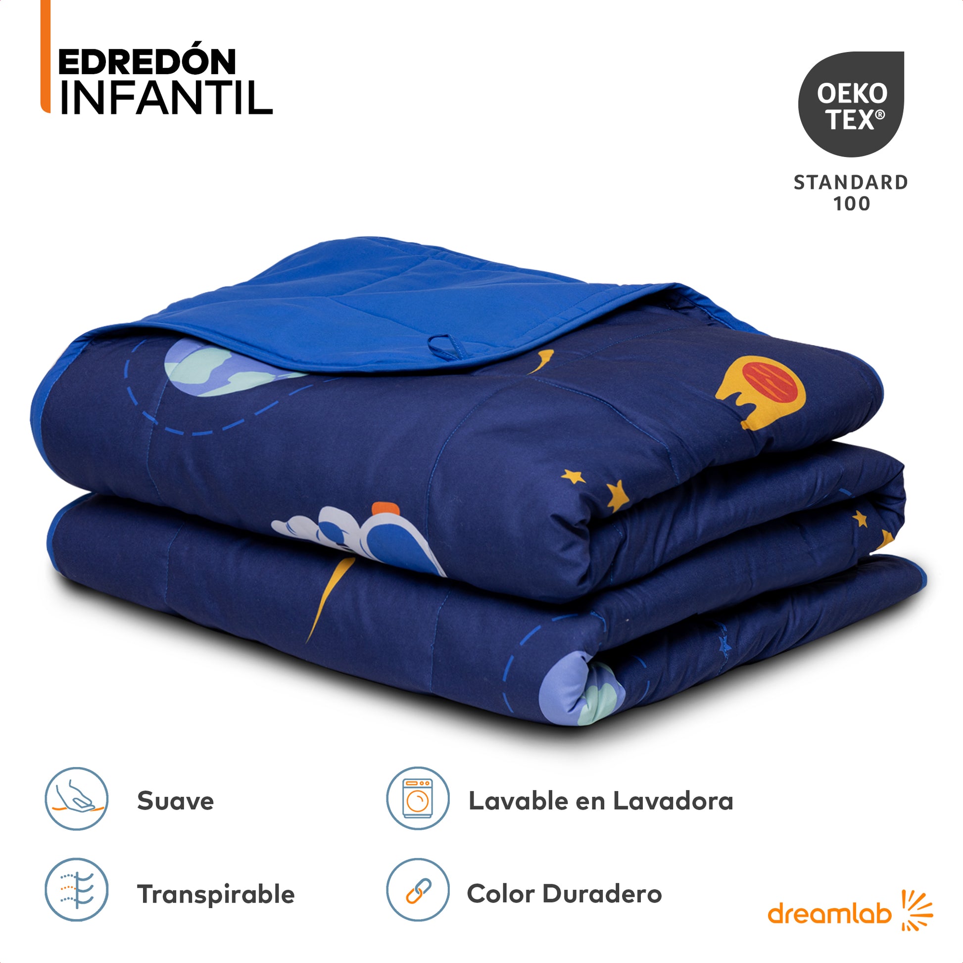 Edredón infantil con diseño de espacio, planetas y estrellas, hipoalergénico, suave y cómodo, ideal para el descanso de los más pequeños.
