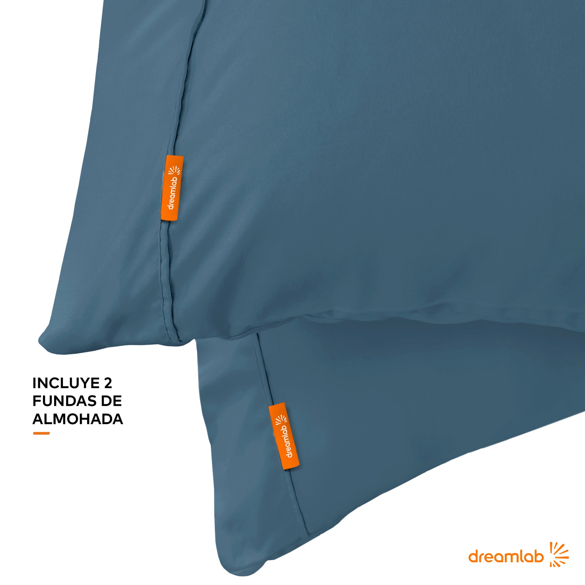 Fundas de almohada azul mezclilla Dreamlab, en tamaños King y Estándar, fáciles de cuidar, lavables a máquina y antiarrugas.
