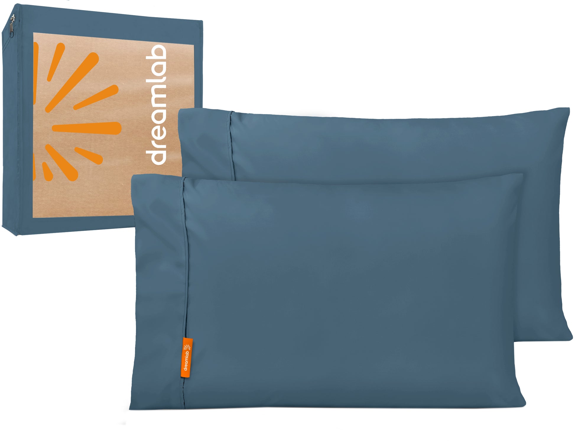 Fundas de almohada azul mezclilla Dreamlab, hipoalergénicas y certificadas OEKO-TEX STANDARD 100, disponibles en medidas King y Estándar.
