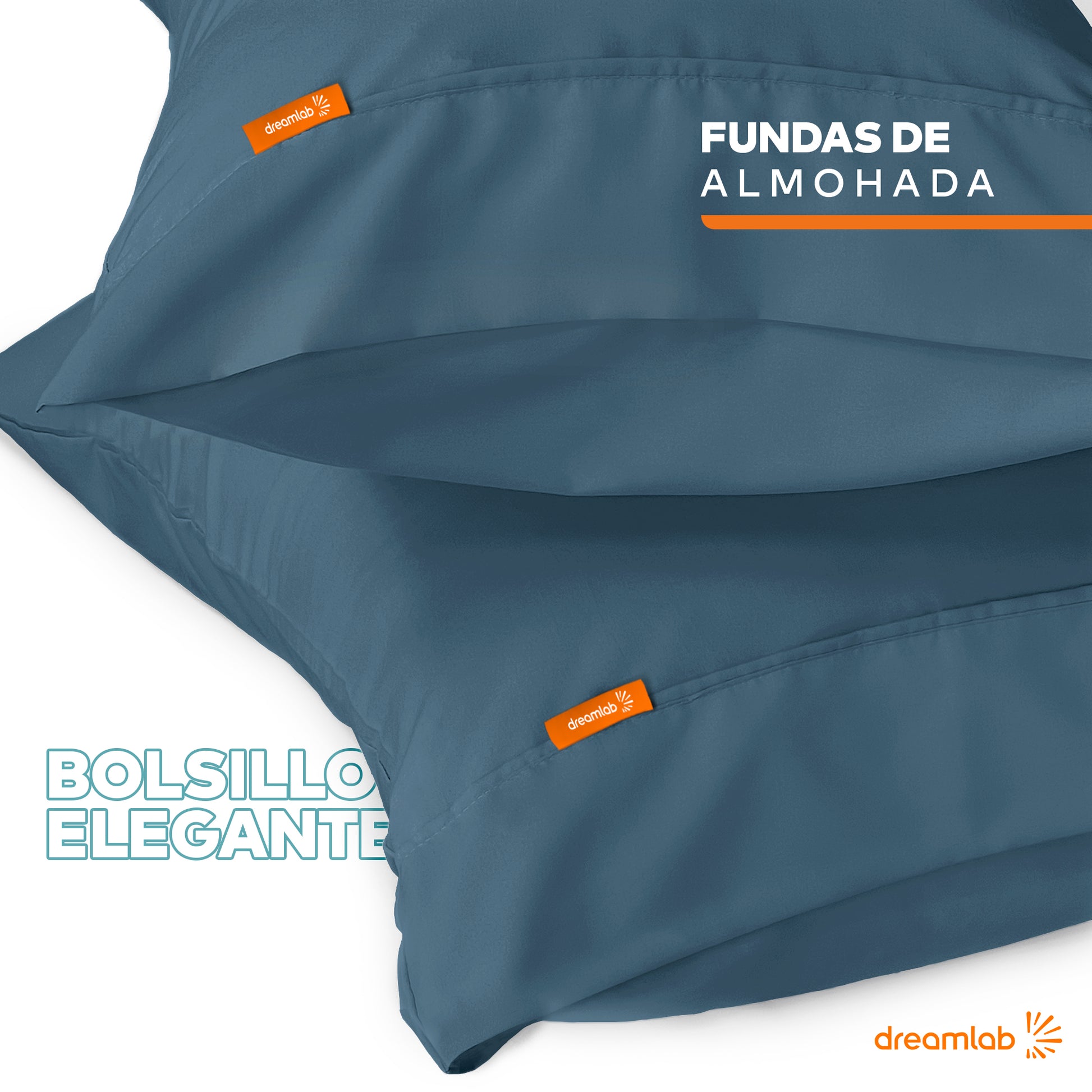 Fundas de almohada azul mezclilla Dreamlab en medidas King y Estándar, hechas de microfibra suave y resistente, hipoalergénicas.
