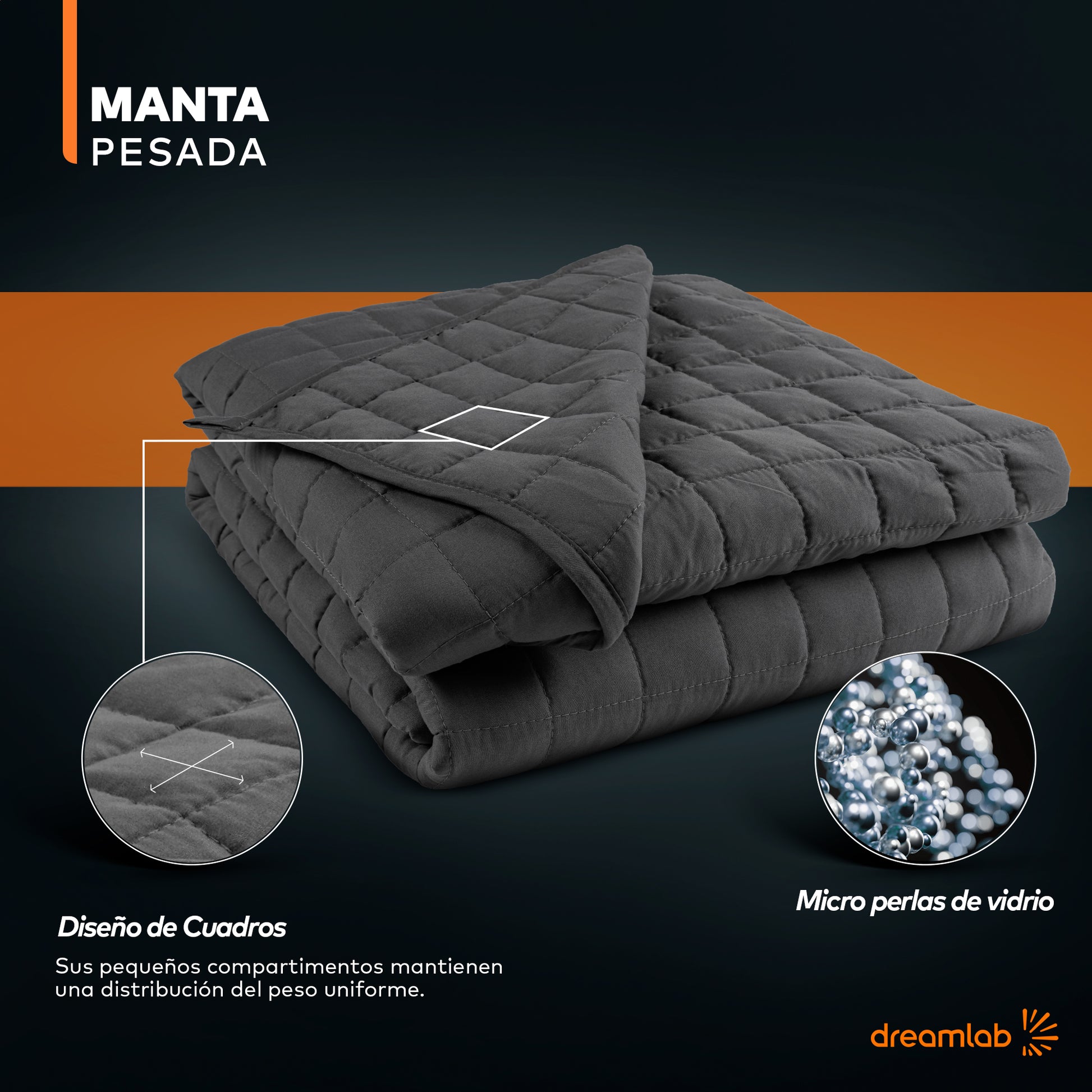 Manta pesada Dreamlab de 6 kg y 9 kg con 7 capas de alta tecnología, distribuida uniformemente para una relajación profunda.
