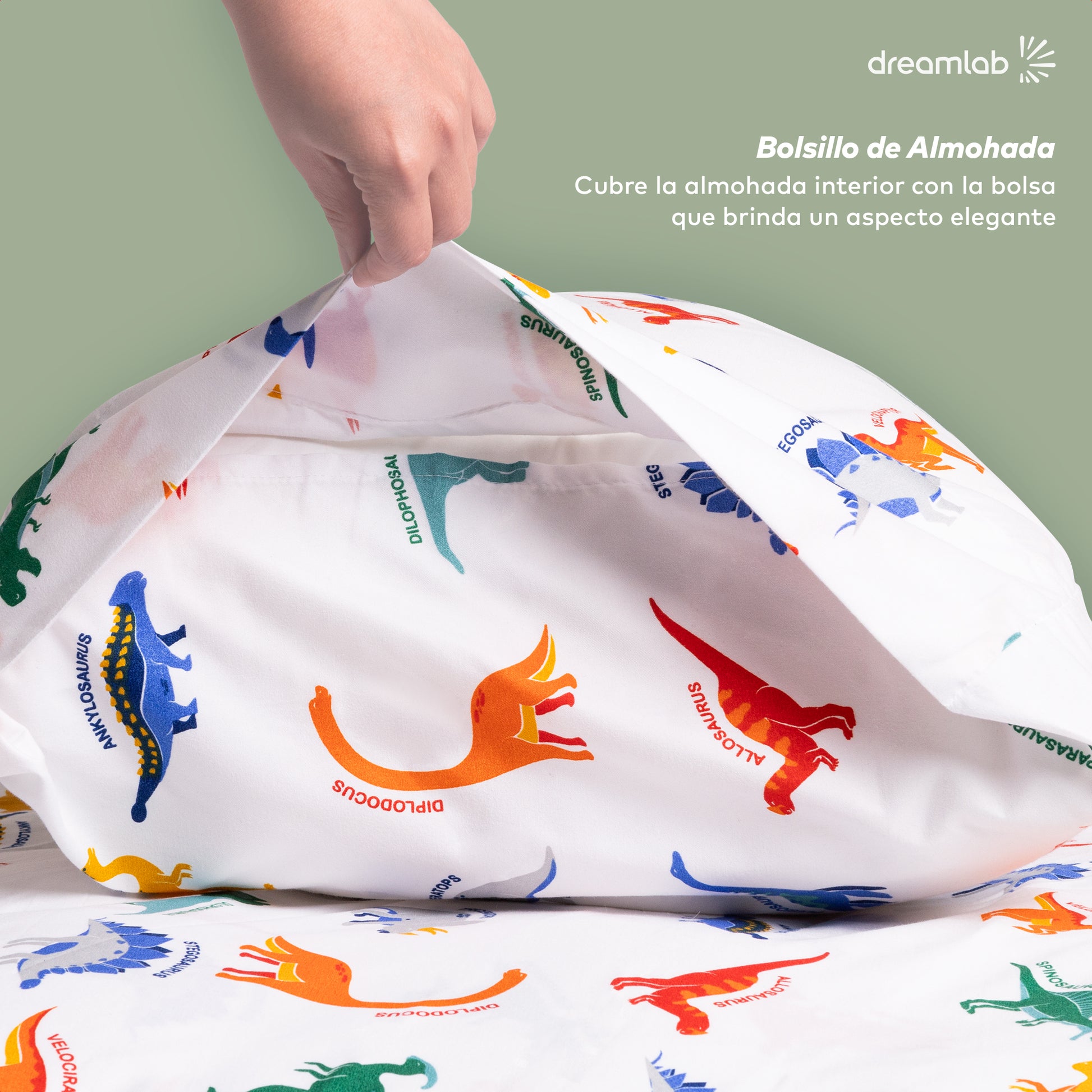 Sábanas Dreamlab con diseño de dinosaurios en colores vivos, hipoalergénicas y de microfibra, perfectas para la decoración infantil.
